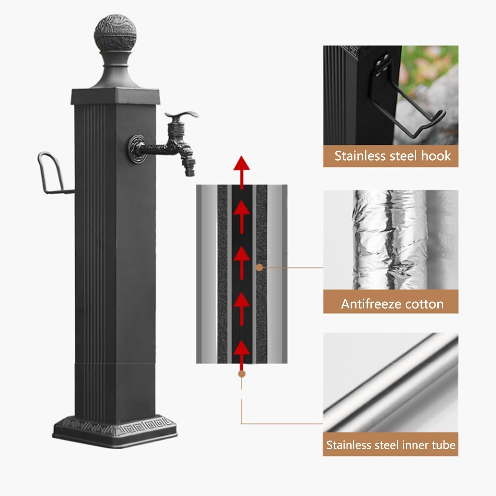 XBTGS Colonna d'acqua per esterni in acciaio inox resistente con rubinetto, soluzione di approvvigionamento idrico verticale antigelo per cortili, patii e spazi esterni, A-114c, A-114 cm/44,8 pollici