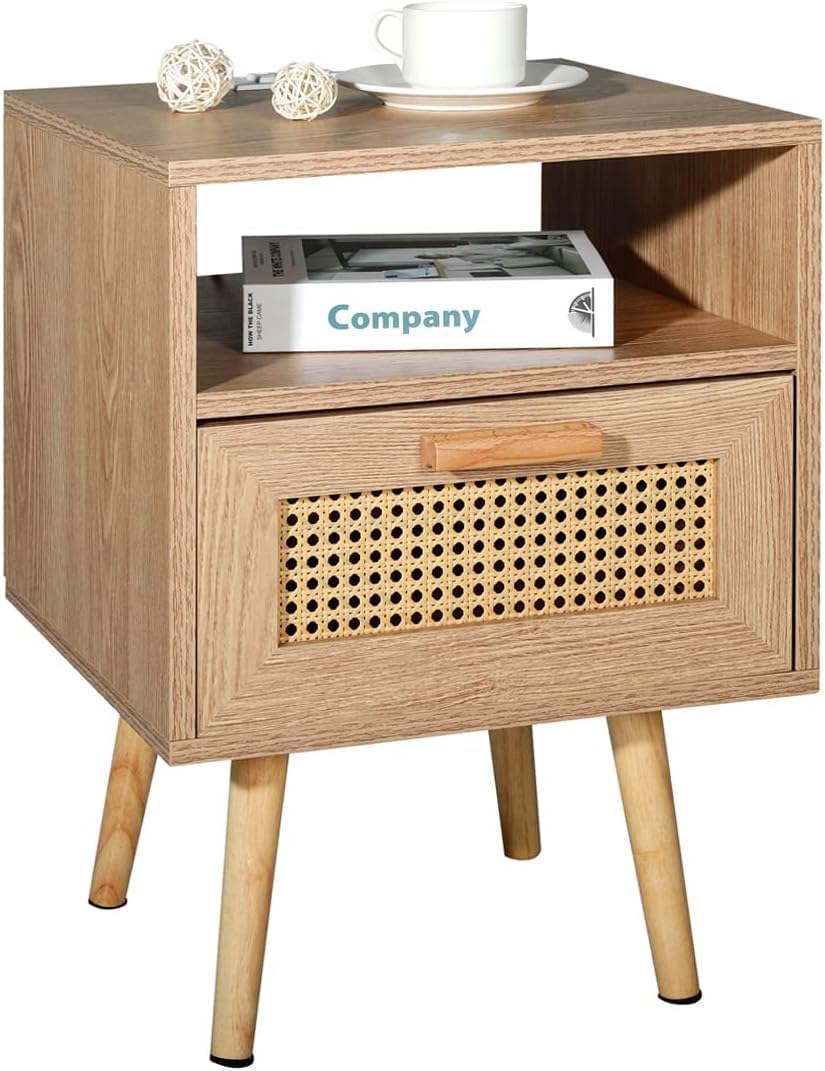 RANK Nightstands Side Table Rattan Nightstand with Drawer Storage for Living Room, Bedroom