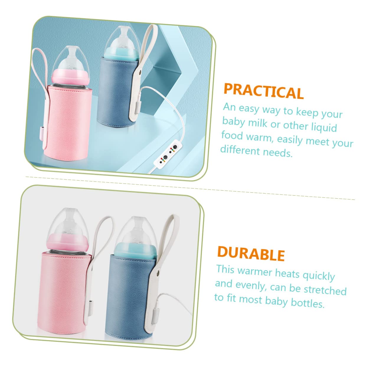 A blue YARNOW bottle warmer wrapped around a baby bottle, with the USB cable connected to a power source, illustrating the setup process.