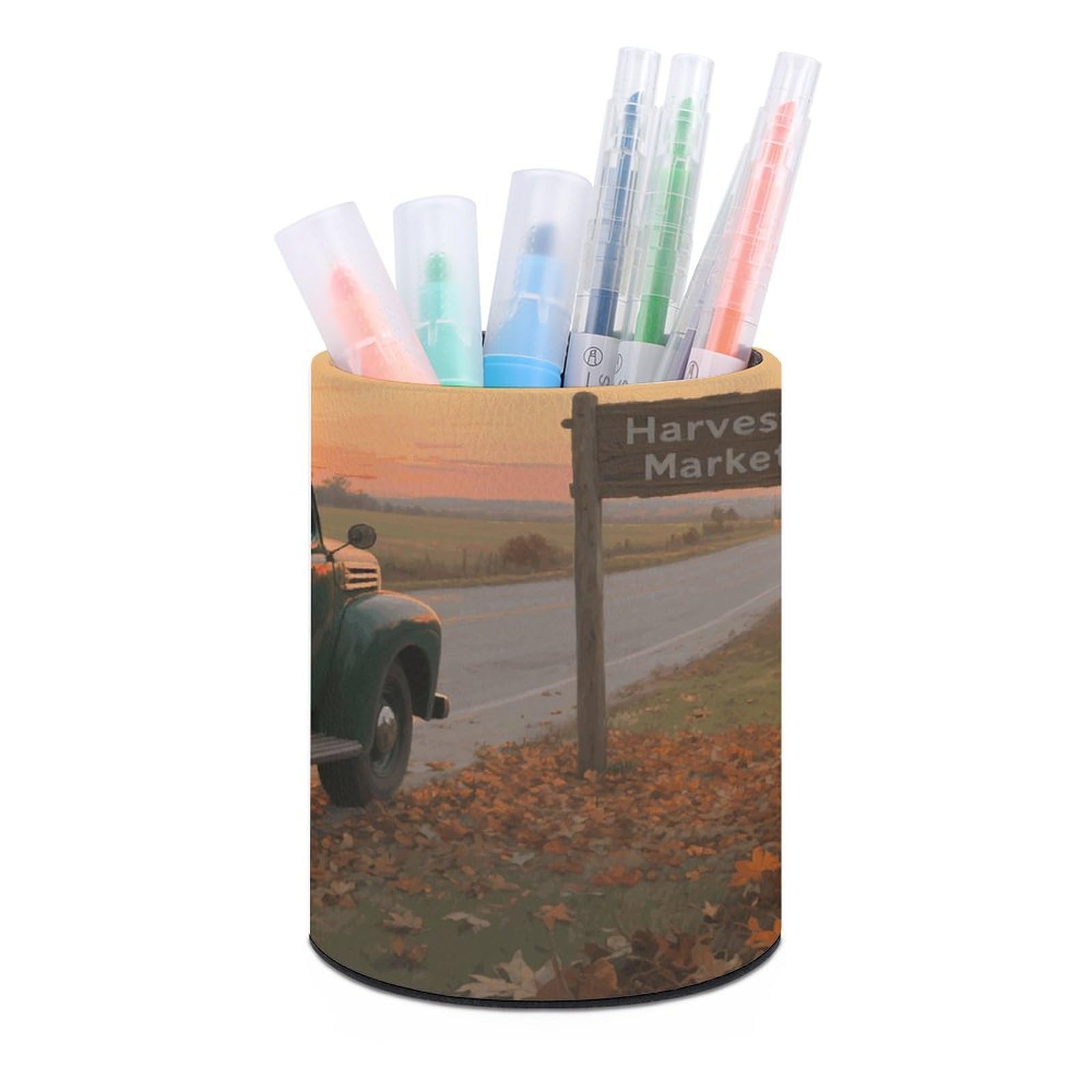 VstaDank - Autumn Round Pen Holder for Truck PU Leather Desk Organizer for Office Desk Home Decor (3.1" x 3.9")