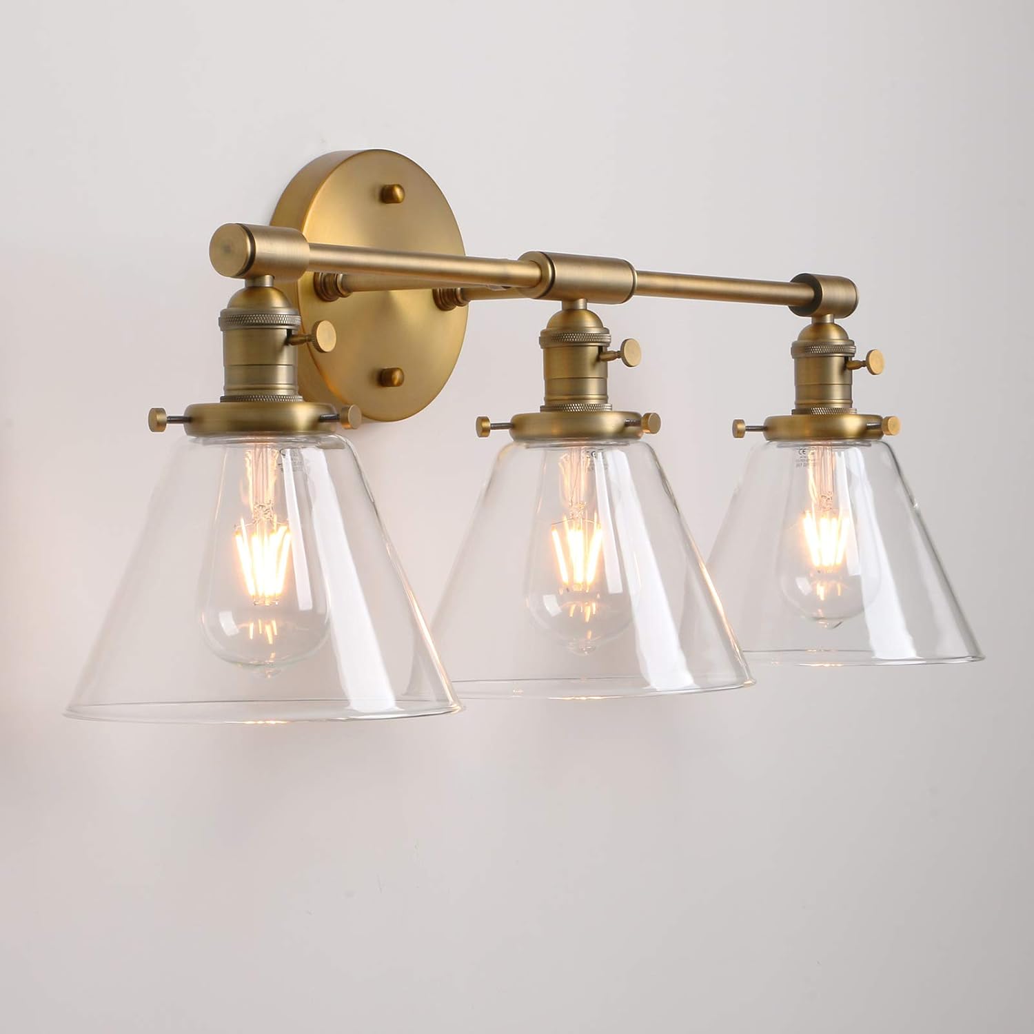 Free Shipping Offer Permo Vintage Industrial Antique Three-Light Wall Sconces with Funnel Flared Clear Glass Shade (Brushed)