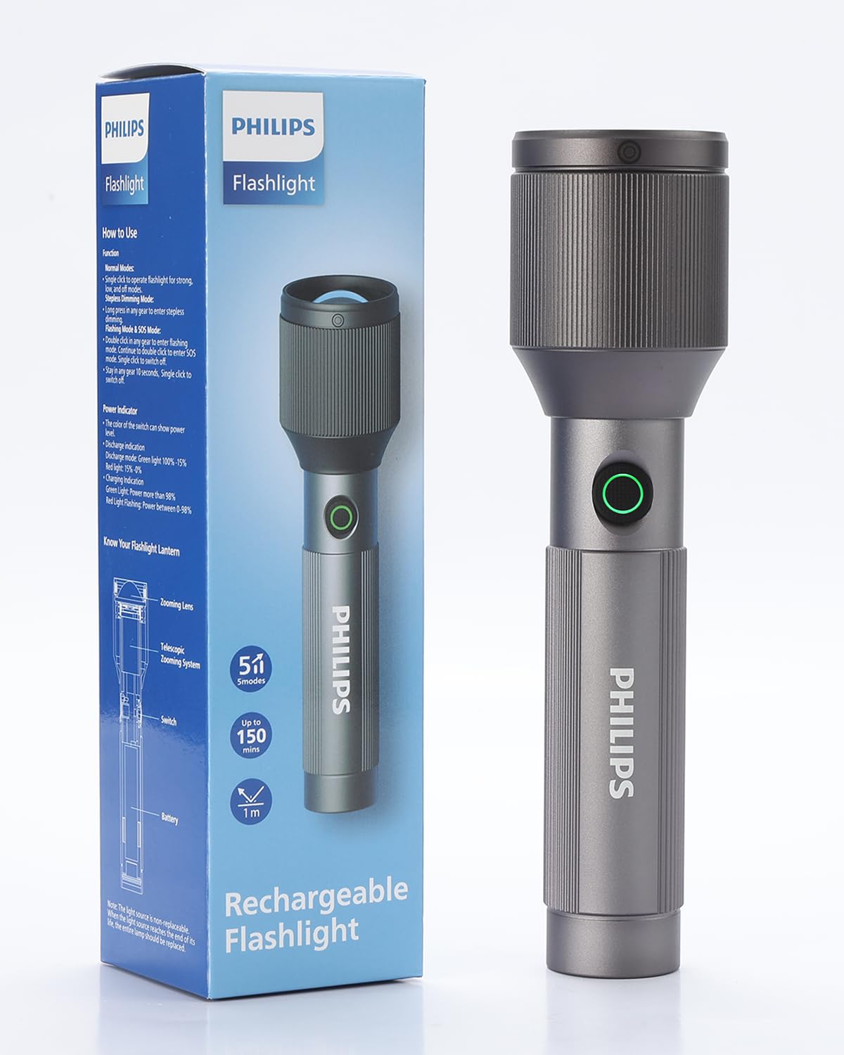 PHILIPS 24W Torch Light Zoomable, 2000mAh Handheld Flashlight Rechargeable and Stepless Dimming, 1000 Lumens, 900M Coverage, Portable Led Flash Light for Home, Camping, Hiking, Emergency PHILIPS 24W Torch Light Zoomable, 2000mAh Handheld Flashlight Rechargeable and Stepless Dimming, 1000 Lumens, 900M Coverage, Portable Led Flash Light for Home, Camping, Hiking, Emergency