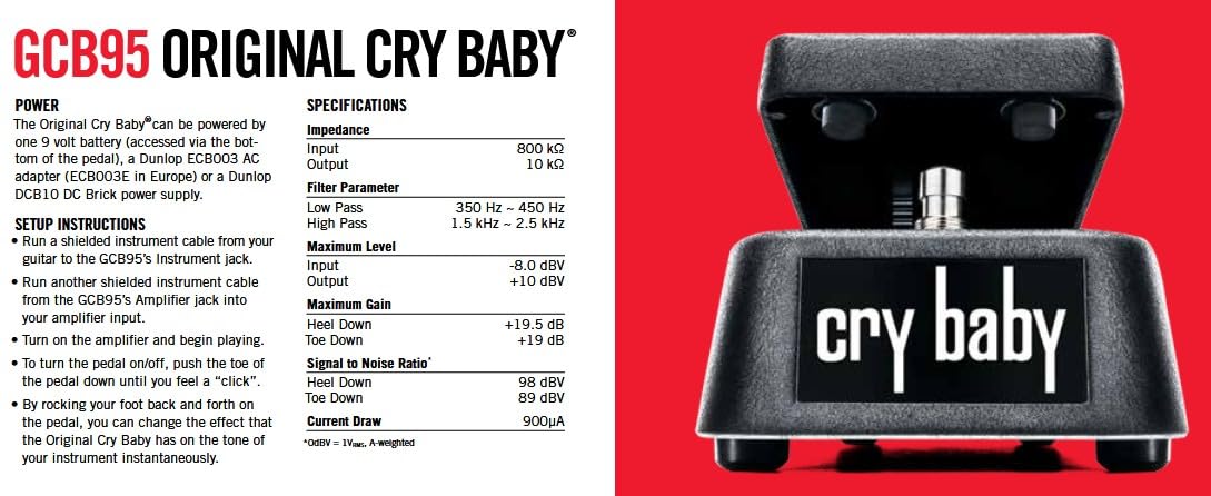 Dunlop original Crybaby GCB95 Standard-Wah-Pedal Tonebird Effekt-Bundle mit 3 Patchkabeln, 6 Dunlop-Plektren
