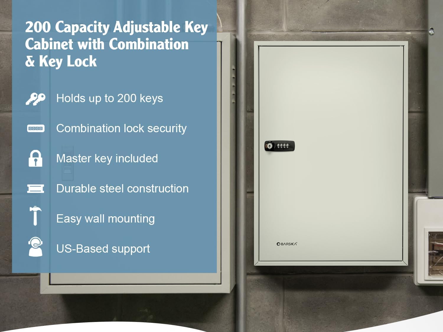 Barska 200-Position Key Cabinet Lock Box – Combination Lock, Adjustable Numbered Hooks, Color-Coded Key Tags, Steel Construction – Gray Finish