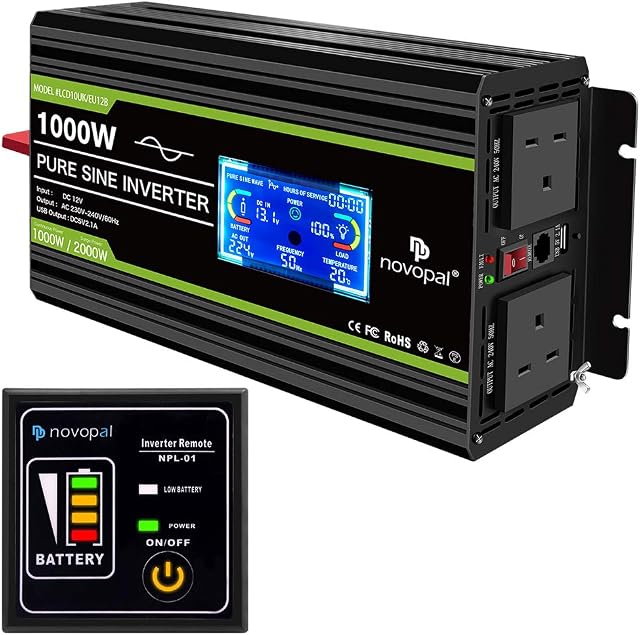 NOVOPAL 1000W Pure Sine Wave Inverter 12V to 230V 240V Car Converter Power Inverter with LCD Display 2AC Outlets And Usb Port-Remote Control for motorhomes,Truck,Boat,Camping,Household,Van