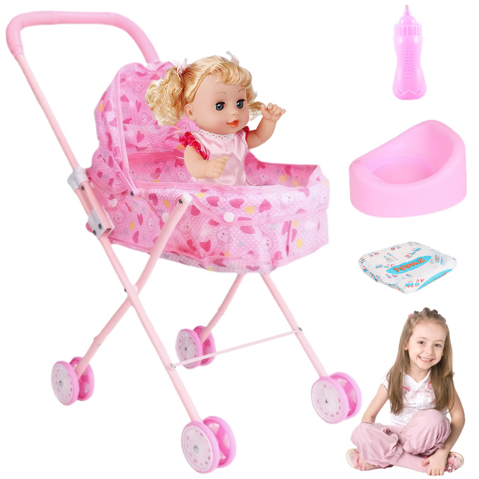Poussette de poupée pliable avec voix et accessoires jouet simulation