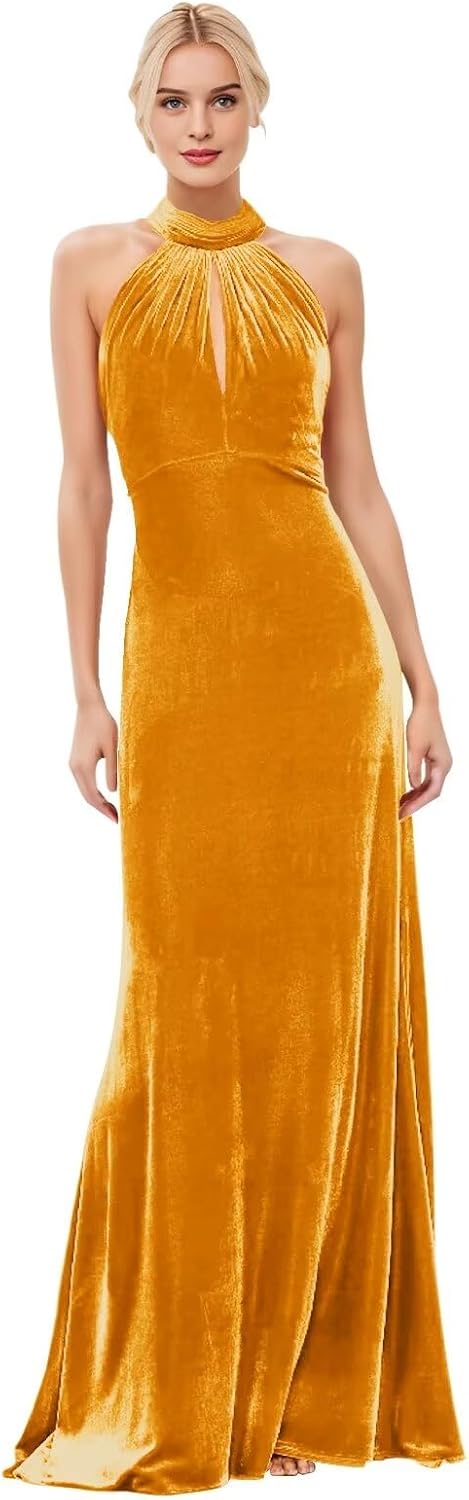 Velvet Halter Bridesmaid Dresses for Women Long Fall Wedding Guest Dress Bodycon Formal Gown