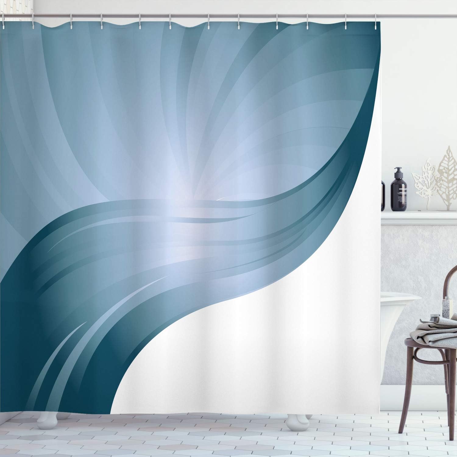 Ambesonne Contemporary Shower Curtain, Spiraling Stripes with Monochrome Tones Modern Art Inspirations Abstract, Cloth Fabric Bathroom Decor Set with Hooks, 70" Long, Turquoise White