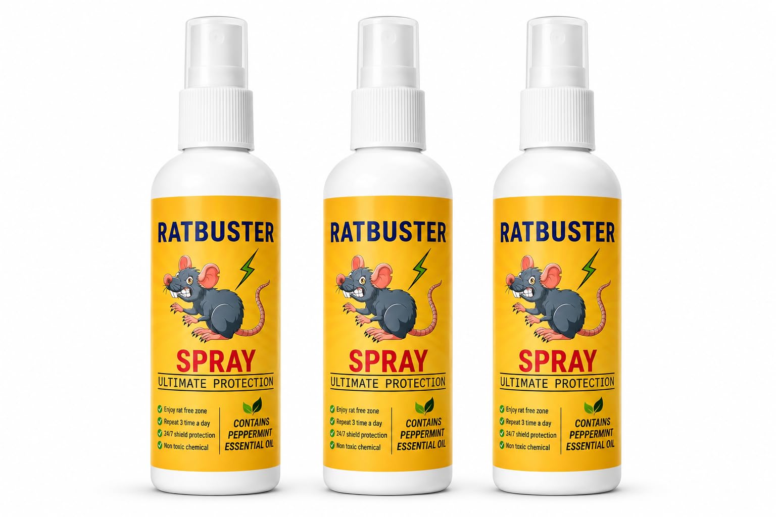 Rat Repellent Spray with Peppermint Essential Oil, 3 Pack 100 Ml | Ultimate Protection, Non-Toxic Formula, 24/7 Shield, Repeat 3x Daily, Rat-Free Zone-image-7