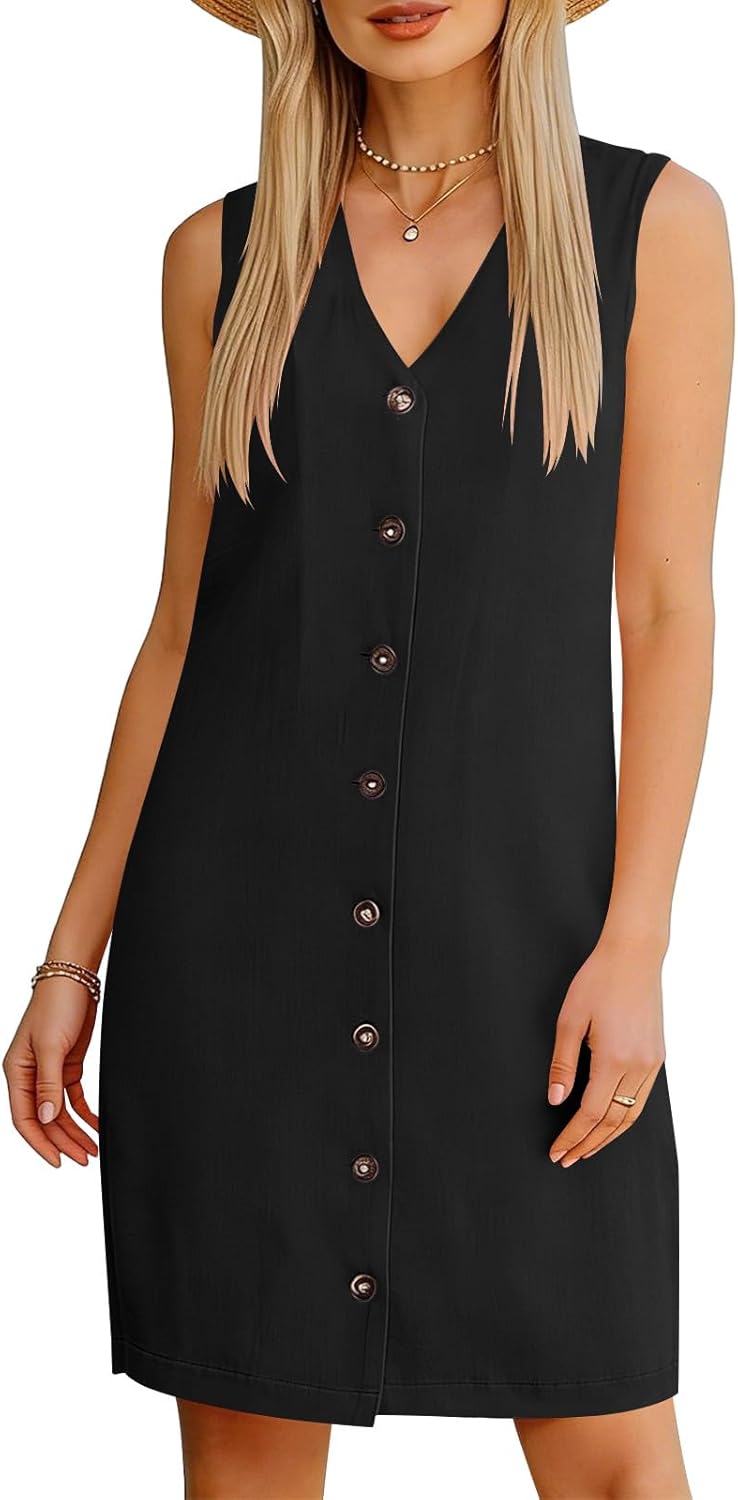Women's Button Down Linen Dresses Sleeveless V Neck Mini Shirt Dresses Lightweight Summer Casual Dress with Pocket