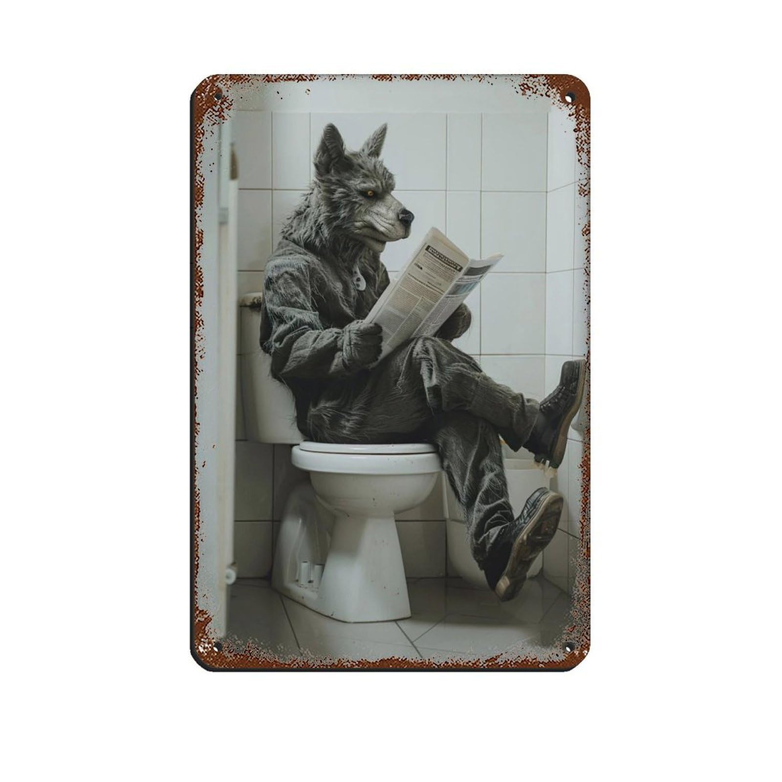 Werewolf Sitting on The Toilet Reading A Newspaper (5) Retro Poster Metal Tin Sign Chic Art Retro Iron Painting Bar People Cave Cafe Family Garage Poster Wall Decoration 8x12inch(20x30cm)