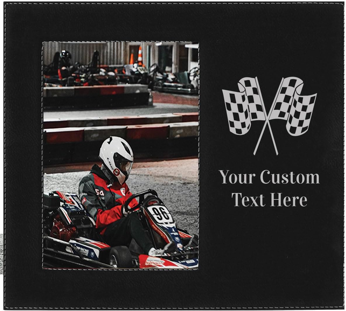 Car Racing - Faux Leather Black Leatherette Personalized Group Wedding Party Picture Family 4x6 Custom Landscape Horizontal Photo Customized Go-Karting Race Frame