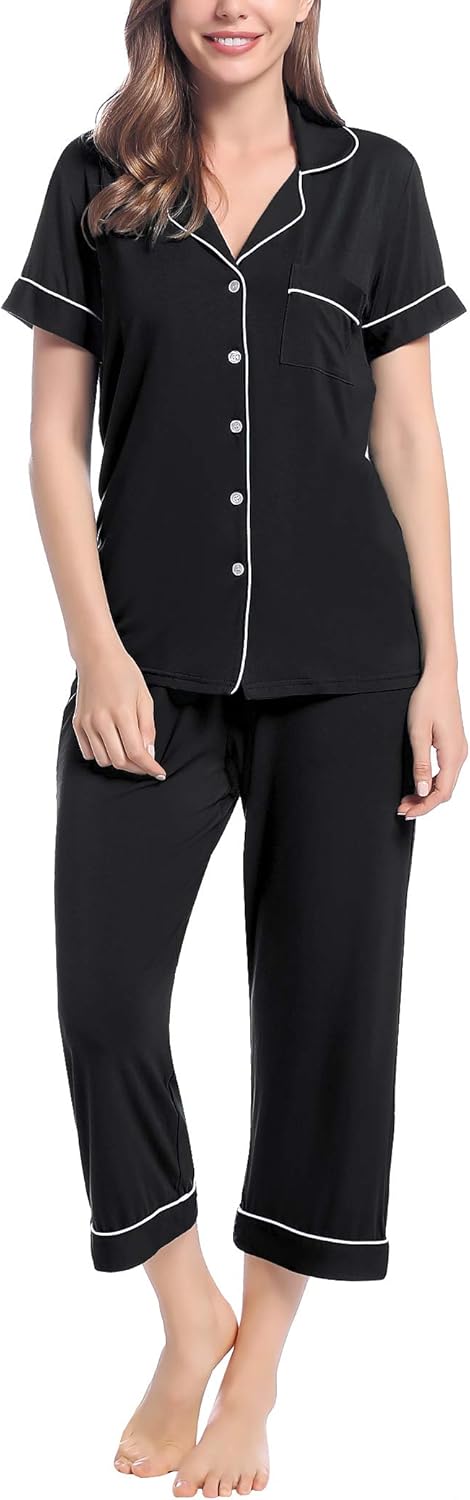 Joyaria Women Capri Pajamas Set Bamboo Viscose Pjs Short Sleeve Button Down Sleepwear - Image 2