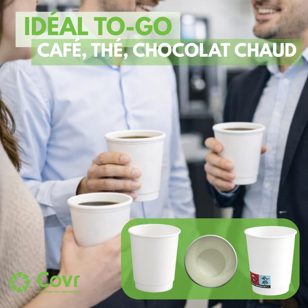 COVR 500 Gobelets Double Paroi 8 oz / 25 cl / 500 unités, Recyclables, Boisson Chaude et Boisson Froide, Solide et Bonne Prise en Main, Résistant