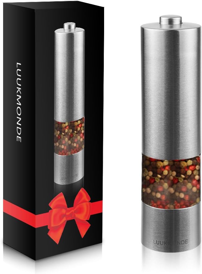 Electric Salt and Pepper Grinder Set Dual Spice Stainless Steel Mill Automatic User Friendly Button Adjustable Coarseness LED Light & See-Through Design Battery Operated by LUUKMONDE(Pack of 1)