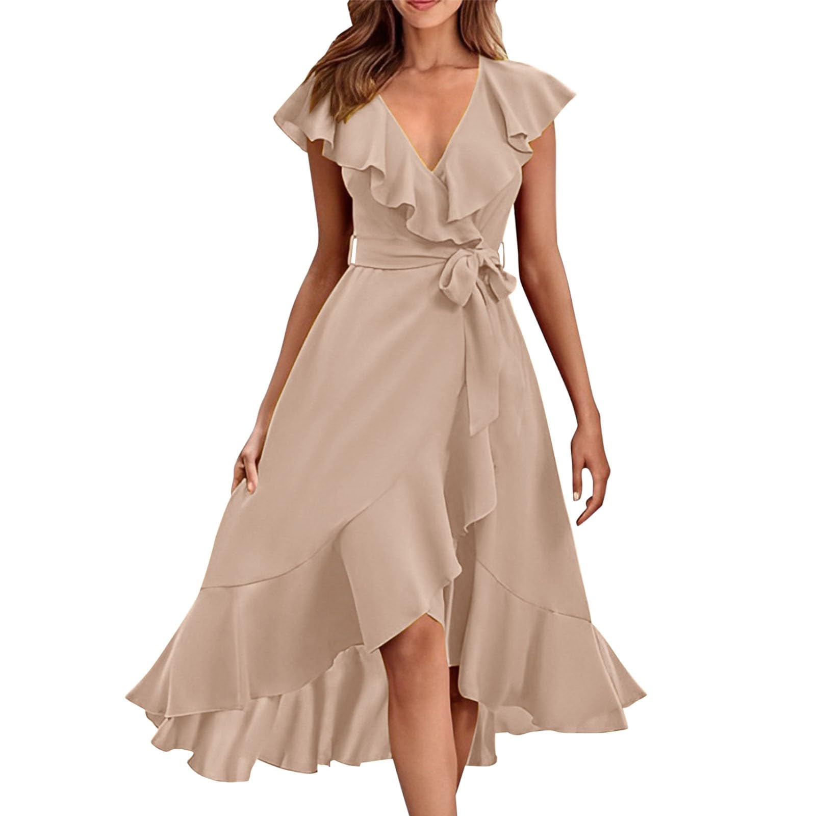 Generic Vestidos Verano Mujer 2024 Elegantes Vestido Encaje De Temperamento Largo con Volantes Manga Corta Cuello V para Mujeres Vestidos De Fiesta Mujer Elegantes Bodas Vestidos para Invitada Coctel Noche