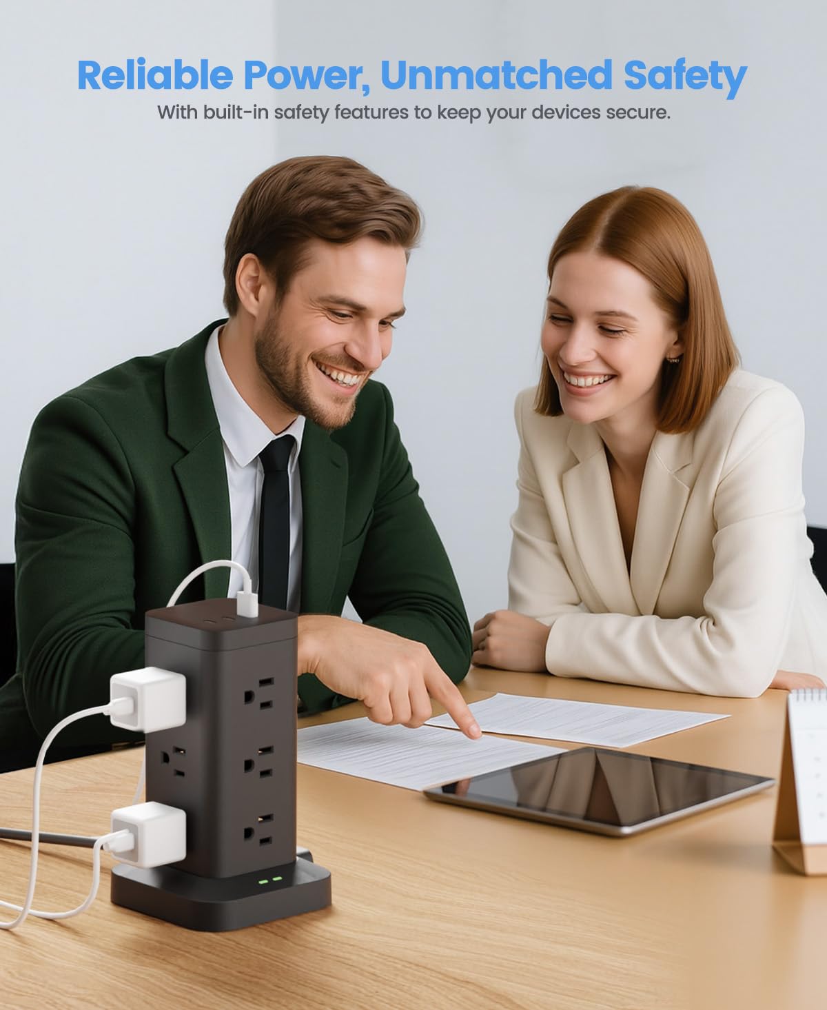 Wieża zasilająca z ochroną przeciwprzepięciową 1800J, wieża szybkiego ładowania PD20W USB-C z 12 gniazdami AC, przedłużacz 10 stóp do domu, biura, sypialni