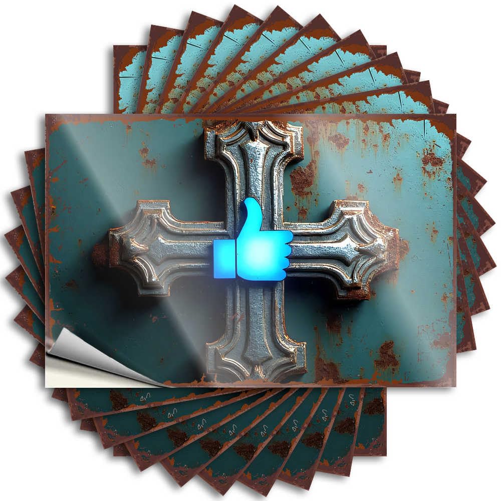 Fzfn Colour Space, Decal Farmers Window Rustic Cross With Glowing Blue Thumbs Up Symbol | Metal Waterproof Vinyl Stickers(12X18cm)
