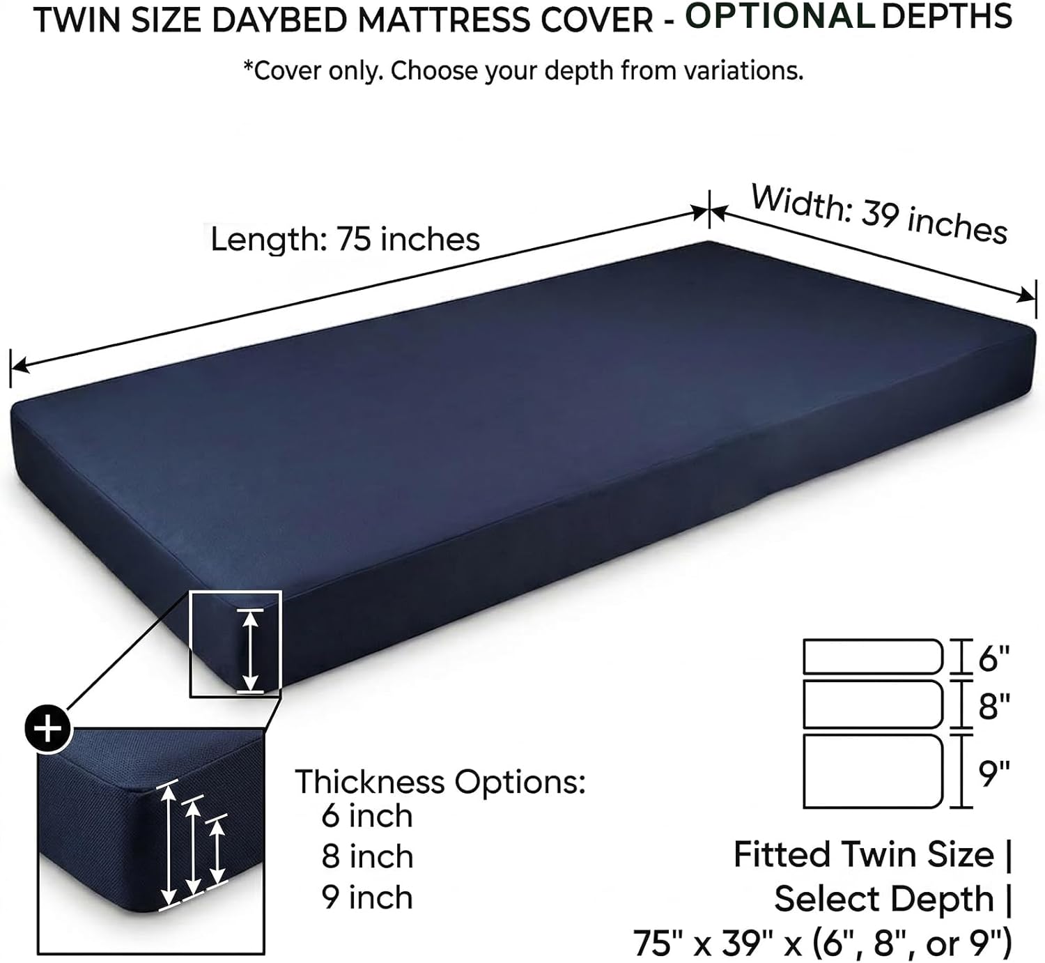 Twin Size Outdoor Swing Daybed Cushion Covers, Mattress Cover Water-Resistent Fade-Resistent Breathable Fitted Sheet Slipcover with Zipper(Navy Blue, 6" Thick)