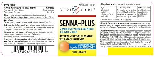 Geri-Care Senna Plus laxante natural vegetal com amaciante de banco, 4 frascos de 100 comprimidos ca