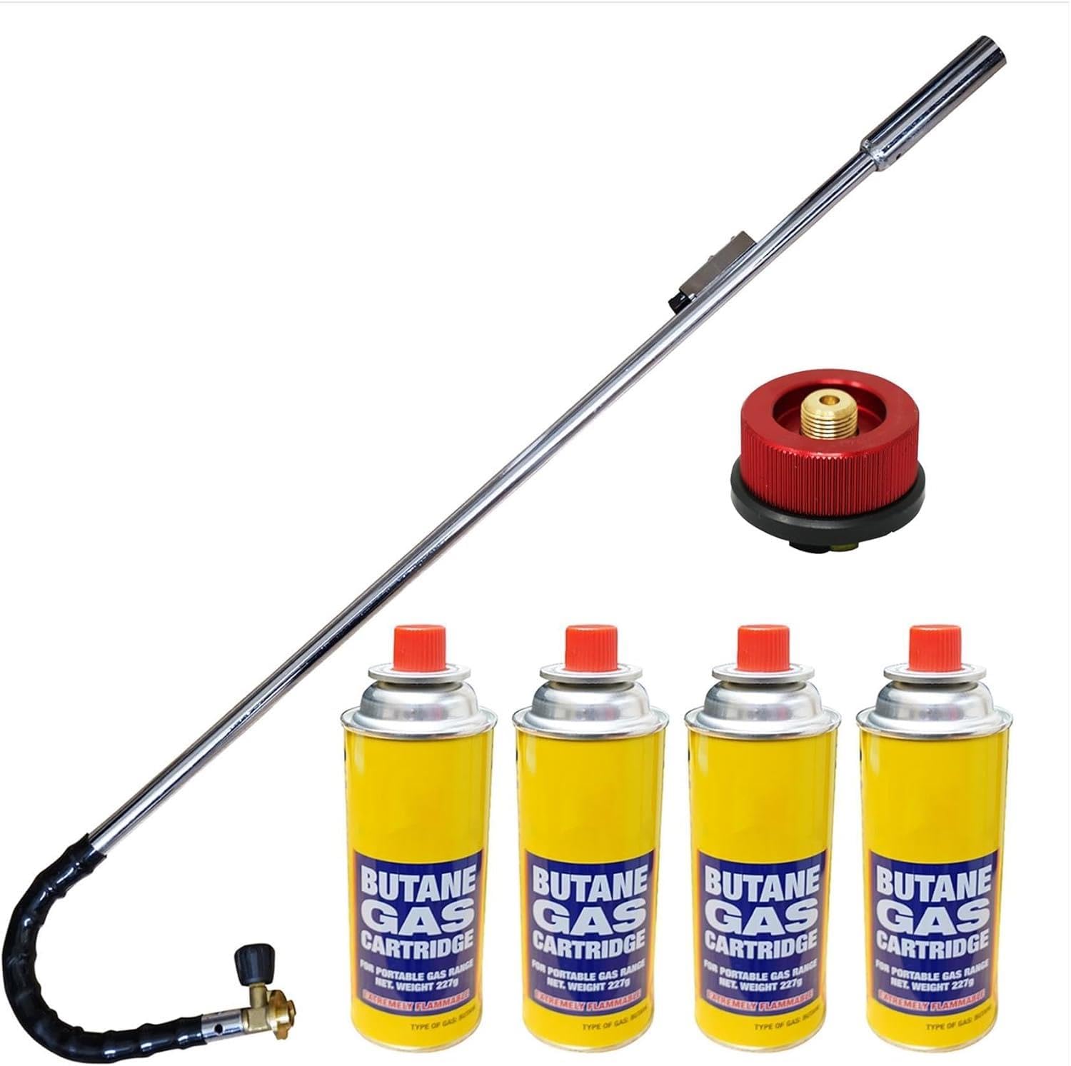 Dapetz Silver, Yellow ® Butane Wand Blowtorch For Weed Gas Burner Torch With Adjustable Flame Weeds Killer Burner Flame Thrower With 4 Gas Refills Canisters With Adaptor Converts Fuel Canister Head For Long Gas Tank