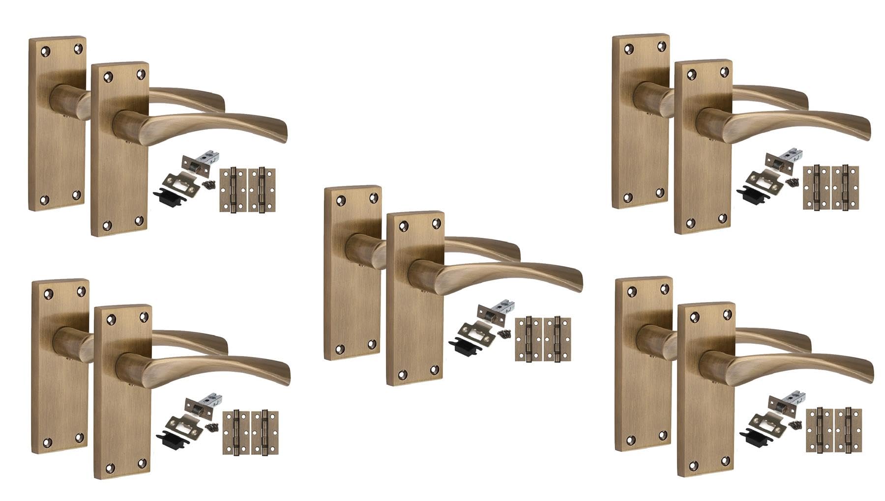 Golden Grace Antique Brass 5 Pair Victorian Astrid Internal Door Handle Sets 120 X 40Mm With 2.5" Latch & Hinges