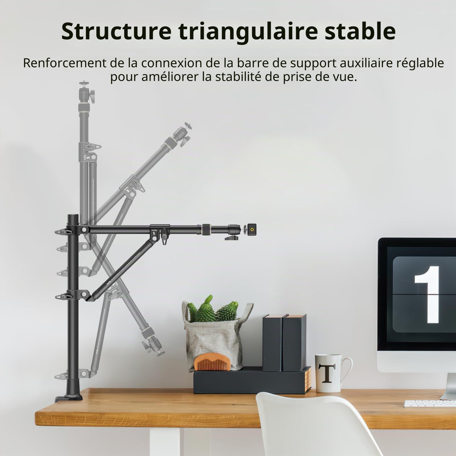 SMALLRIG Support De Bureau Triangulaire, 3kg Max. Charge, Support de Caméra Aérienne avec Tige de Auxiliaire, avec de Téléphone et Petite Rotule pour Camera/Phone/Lumière/Webcam - 4304