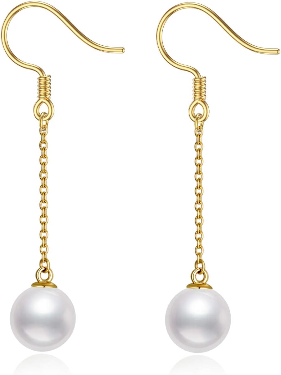 14K Real Gold Drop Pearl Earrings for Women, Yellow Gold Freshwater Cultured Pearls Threader Dangle Earrings Anniversary Christmas Jewelry Gifts for Her, Wife, Mom, Sister
