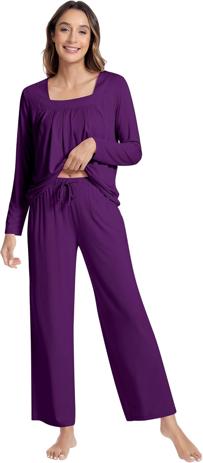 NACHILA Pajamas for Women-Viscose Made from Bamboo,Long Sleeve Pajama Sets Comfy Loungewear Pleated Pjs