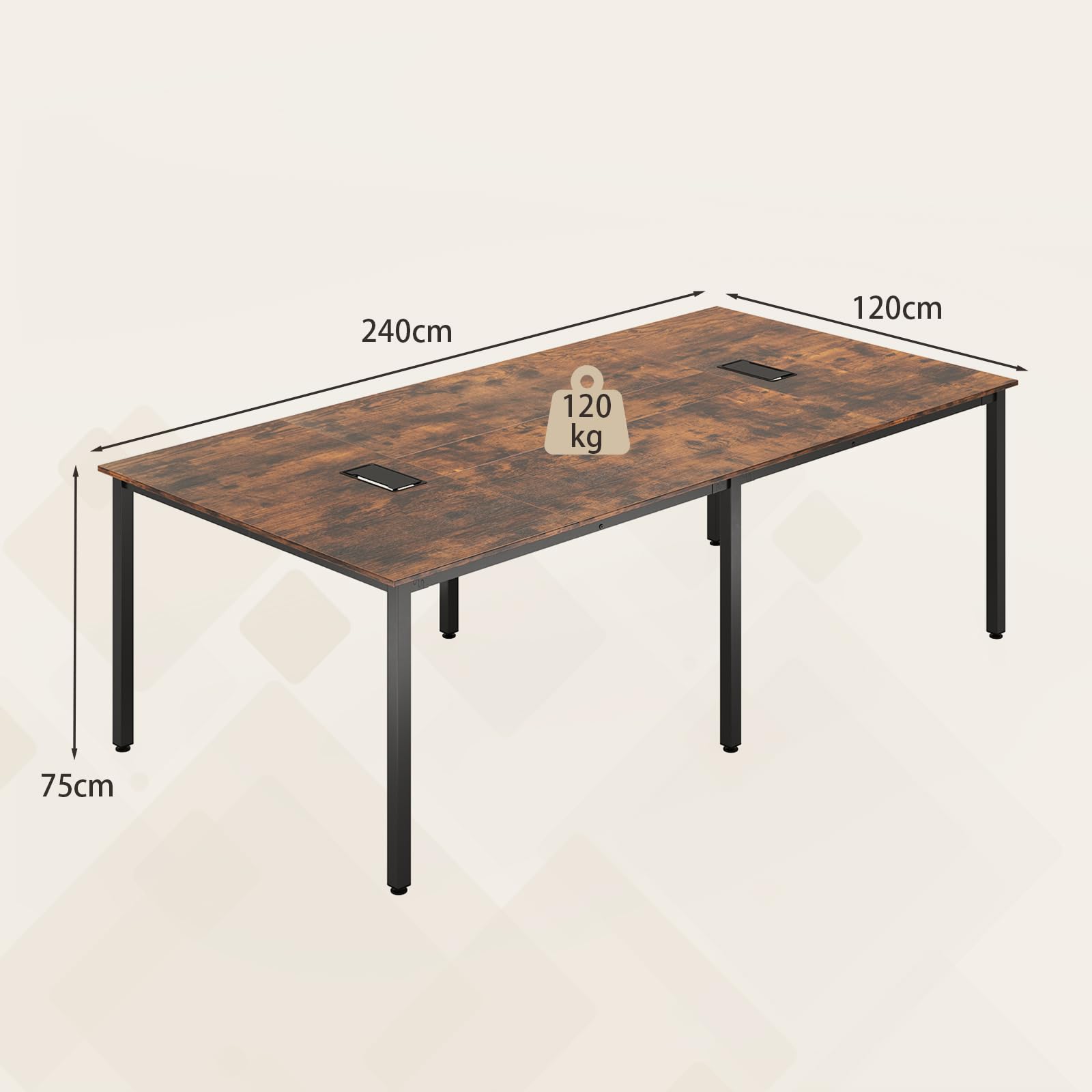 COSTWAY Table de Conférence pour 10 Personnes, Grande Table de Réunion, 2 Passe-câbles, Bureau de Séminaire Rectangulaire, Mobilier de Formation pour Bureau, Salle de Réunion, Marron Rustique