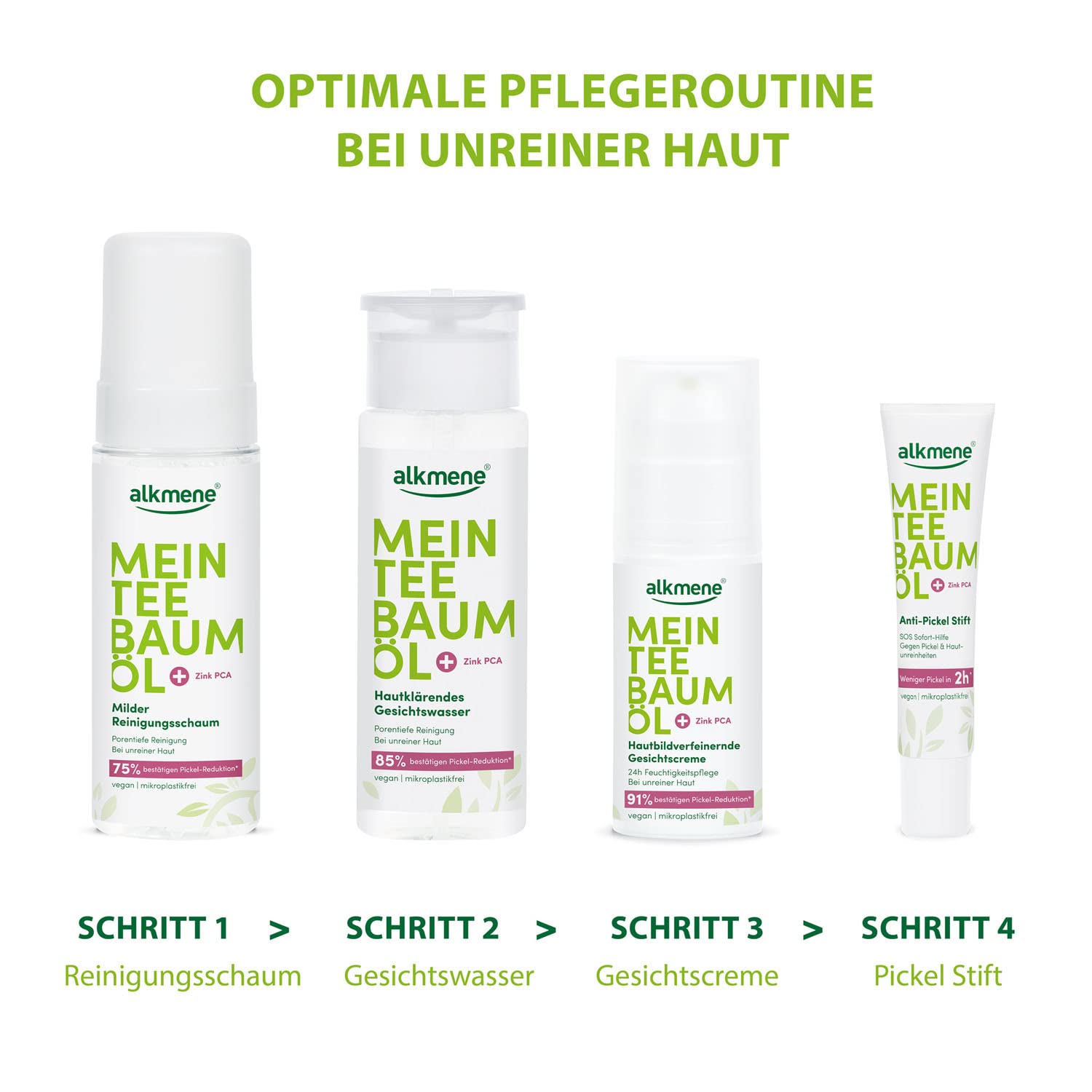 alkmene Mein Tea Tree Olio detergente per viso, 150 ml, riduzione brufoli confermata al 75%, olio di tea tree naturale, vegano e rispettoso del clima, schiuma per la pulizia del viso per pelli impure