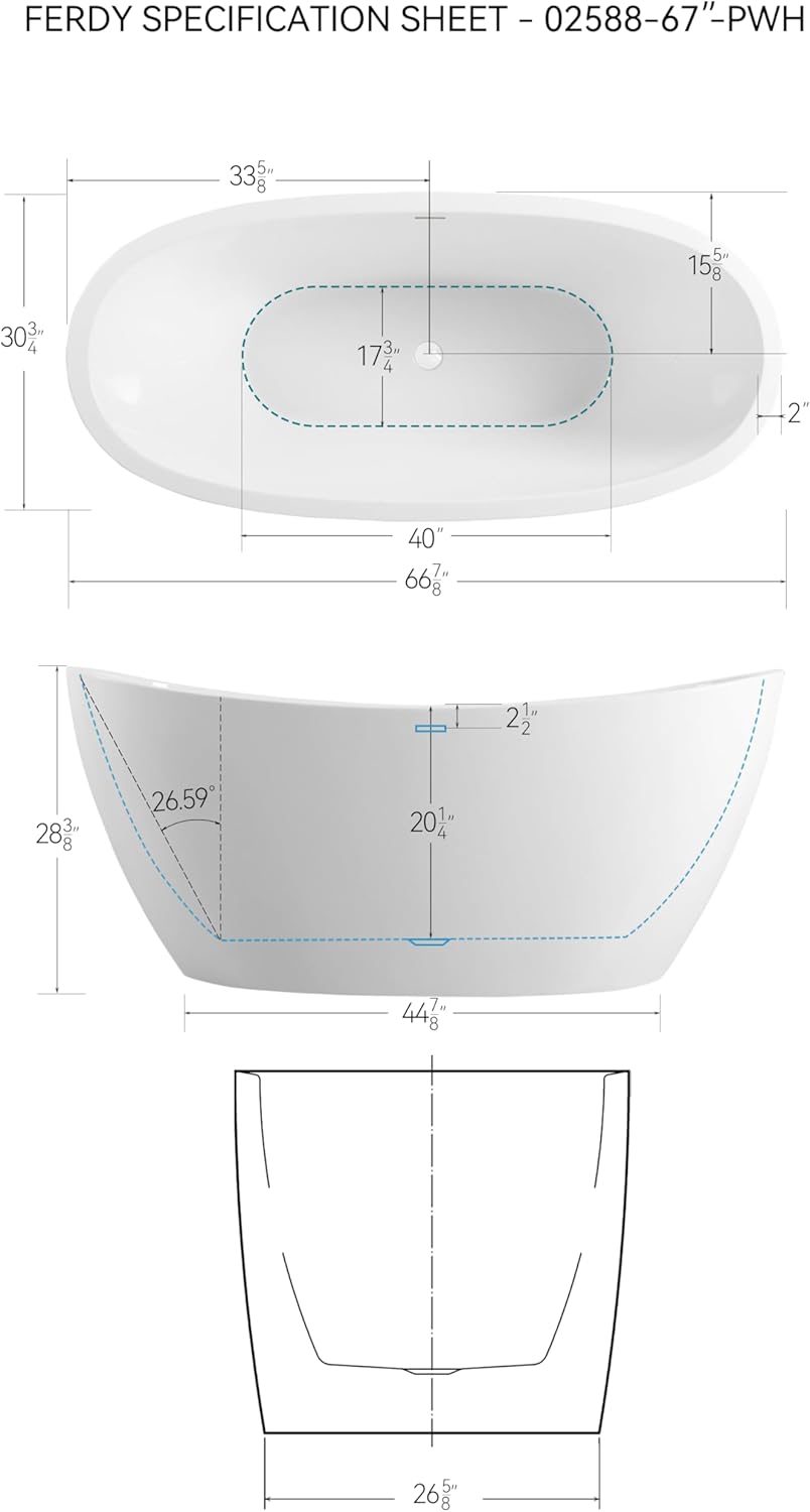 FerdY Naha 67" Freestanding Bathtub, Curve Edge Soaking Bathtub with Polished White Drain and Minimalist Linear Design Overflow, Easy to Install