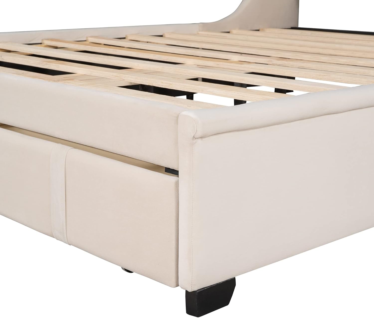 Close-up view of a bed frame corner with a support leg and upholstered finish.
