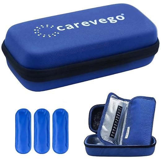 CareVego Insulin Cooler Travel Case - Handy Medication Insulated Diabetic Carrying Cooling Bag for Insulin Pen, Glucose Meter and Diabetic Supplies with 3 Cooler Ice Pack, Blue