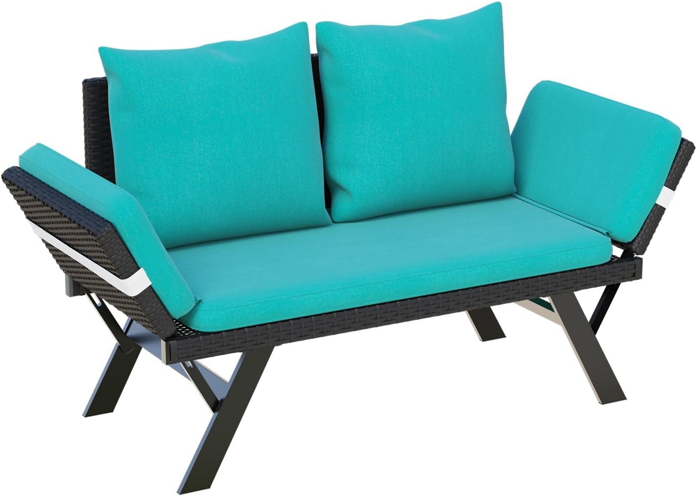 LEMBERI Outdoor Convertible Sofa, Daybed Couch with Adjustable Armrests, Woven Rattan Patio Loveseat or Double Chair with Soft Cushions and Backrest Pillows for Patio, Poolside, Yard, Porch, Lake Blue