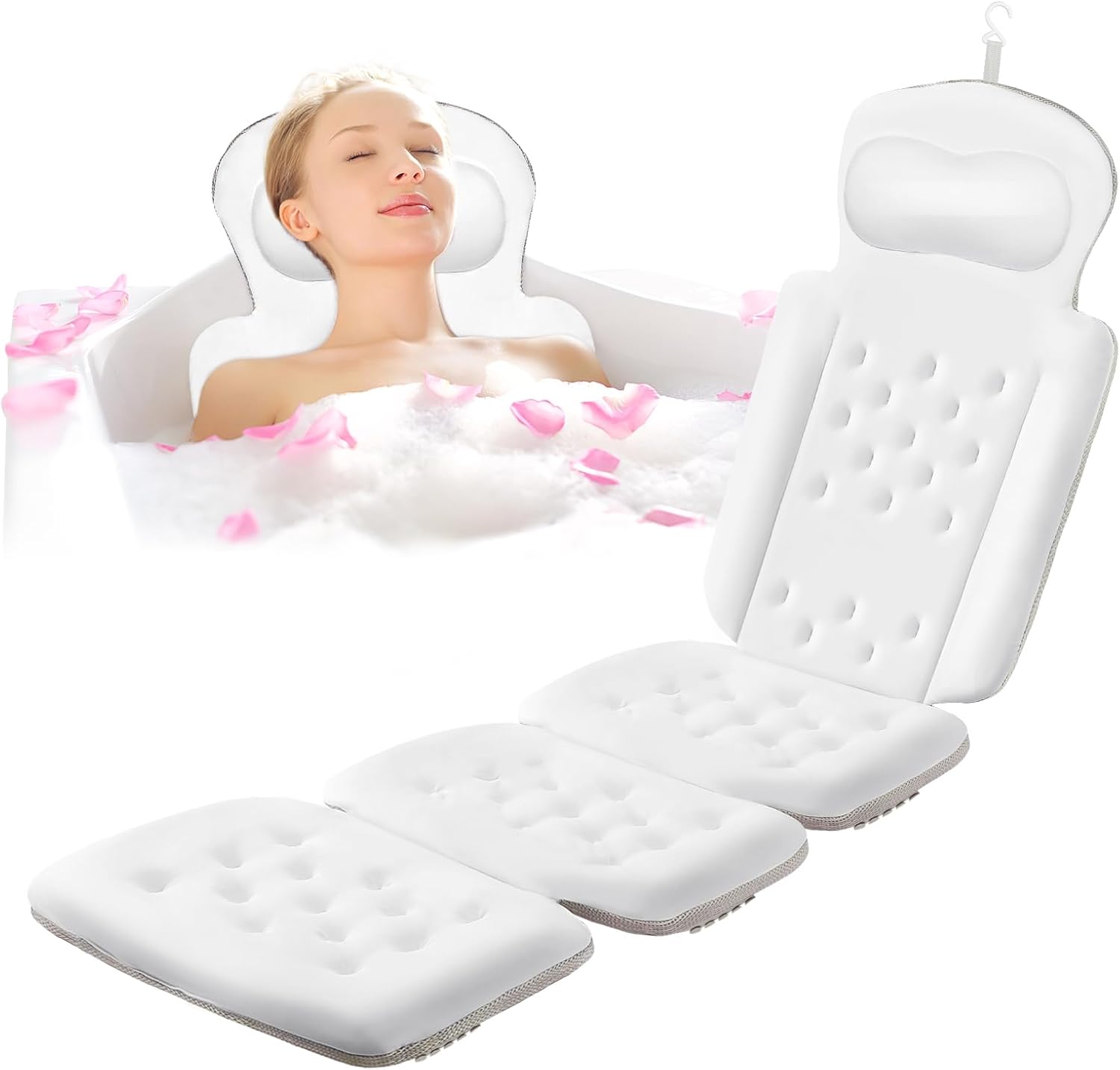 Luxury Full Body Bath Pillow for Bathtub, Bath Pillows for Tub with Mesh Laundry Bag, Cushion for Bathtub Headrest Neck Back Support - 5D Air Mesh & Quick Drying | White 51" x 16"