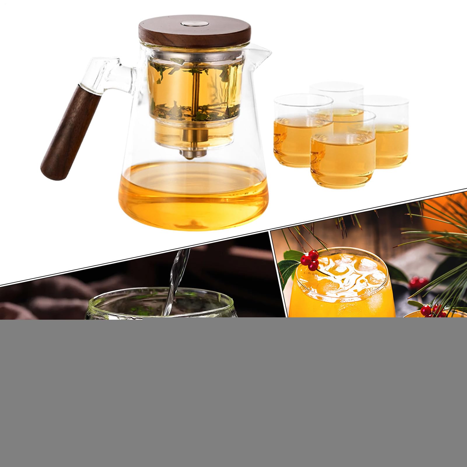 Olla infusora de té, de vidrio con separación de agua con 4 tazas | de vidrio resistente al calor para el hogar, habitación de empresa