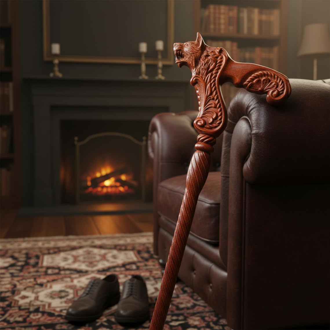 Bastón de Madera, bastón de Madera - Mango de Cabeza de Lobo Tallado a Mano de de Haya marrón Rojizo, Desmontable 90-95 cm para Hombres y Mujeres ;1