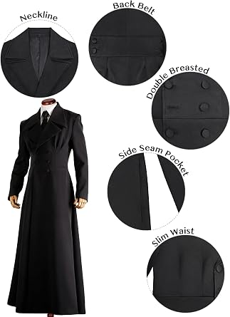 Men's Double Breasted Trench Coat, Slim Fit, Notched Lapel, Ankle Length, Black, Lined