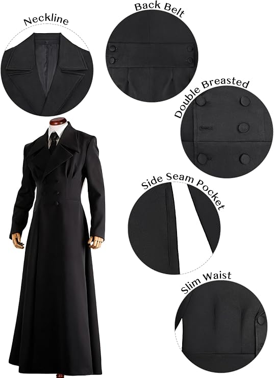 Men's Double Breasted Trench Coat, Slim Fit, Notched Lapel, Ankle Length, Black, Lined