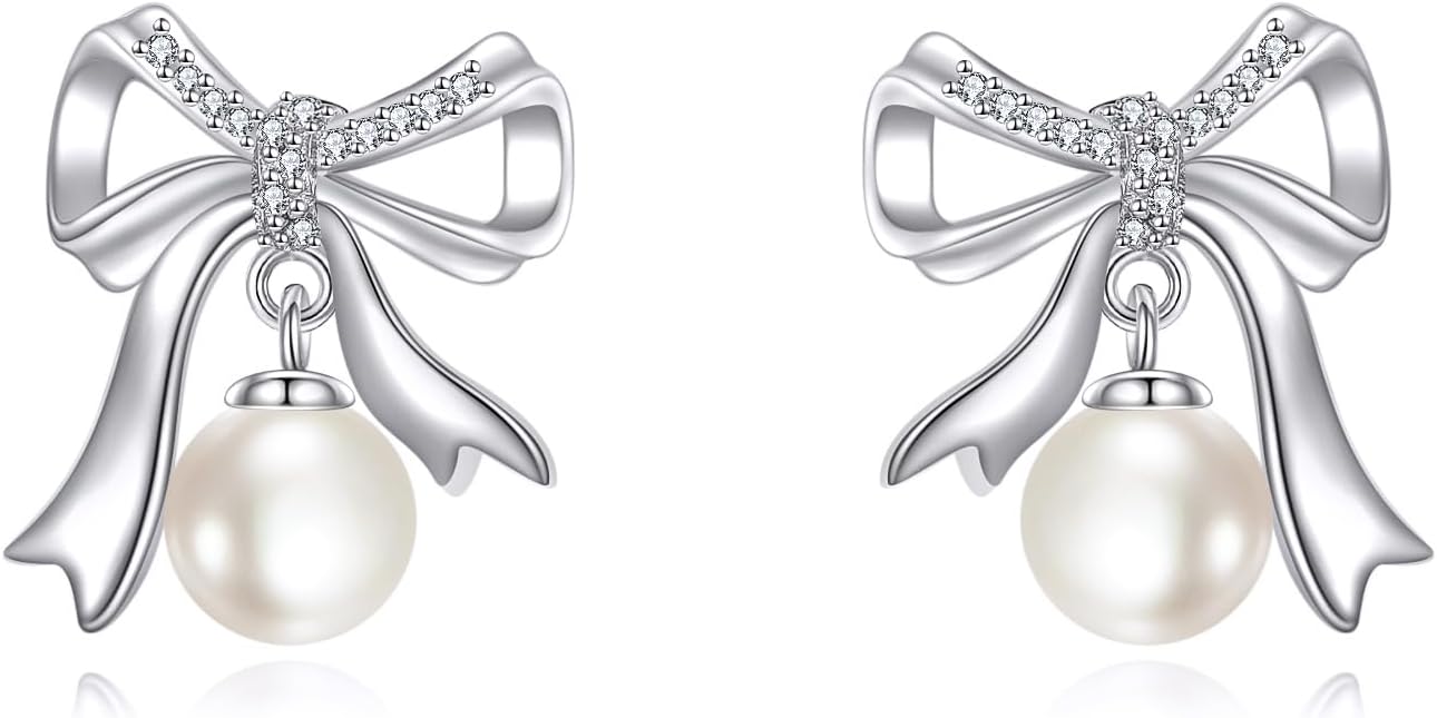 Bow Pearl Earrings Sterling Silver Bow Stud Earrings For Women Freswater Pearl Earrings Jewelry