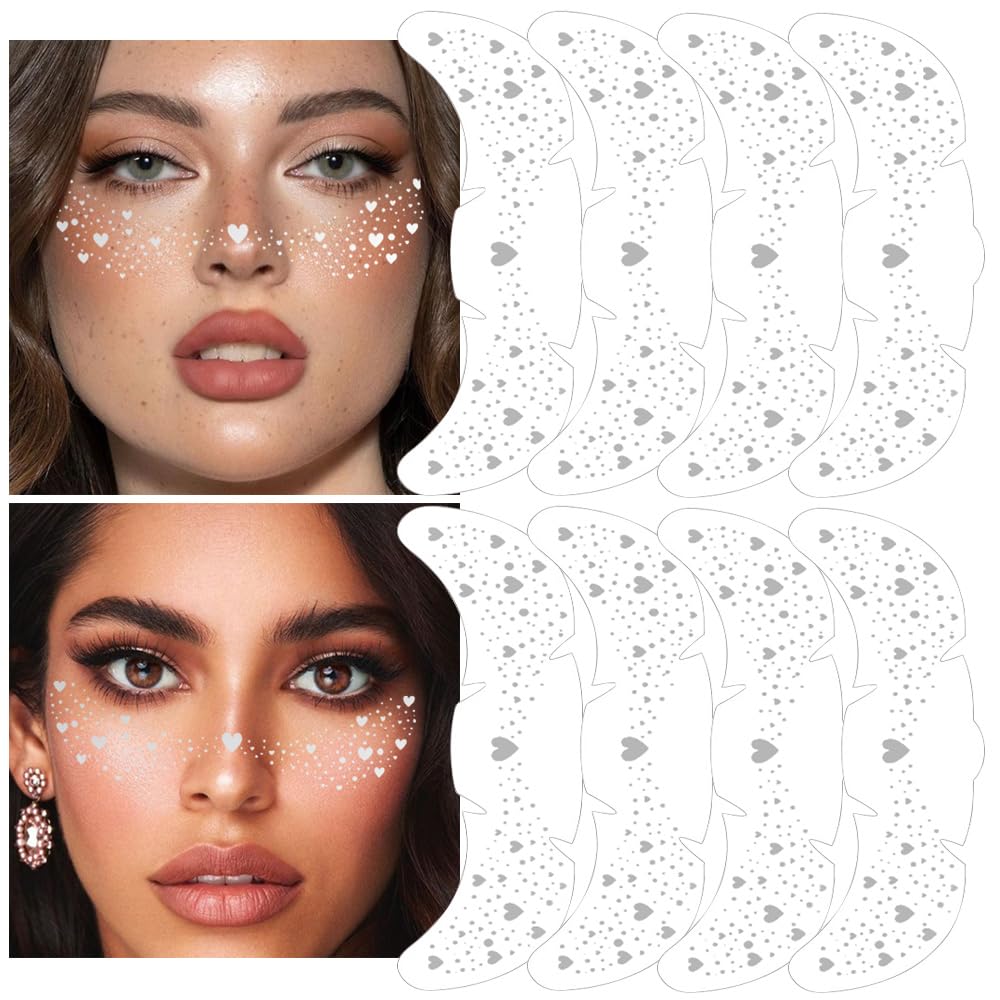 XZMeiLun 8Ps Face Glitter Speckles Patches, Silver Glitter Freckles Face Tattoo, Glow Up Makeup Patches, Cute Glitter Makeup Accessories for Women, Cosmetic Glitter for Face Gift