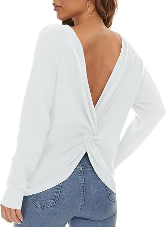 LILBETTER Womens Long Sleeve Loose Criss Cross Twisted Back Pullover Knit Jumper Sweaters