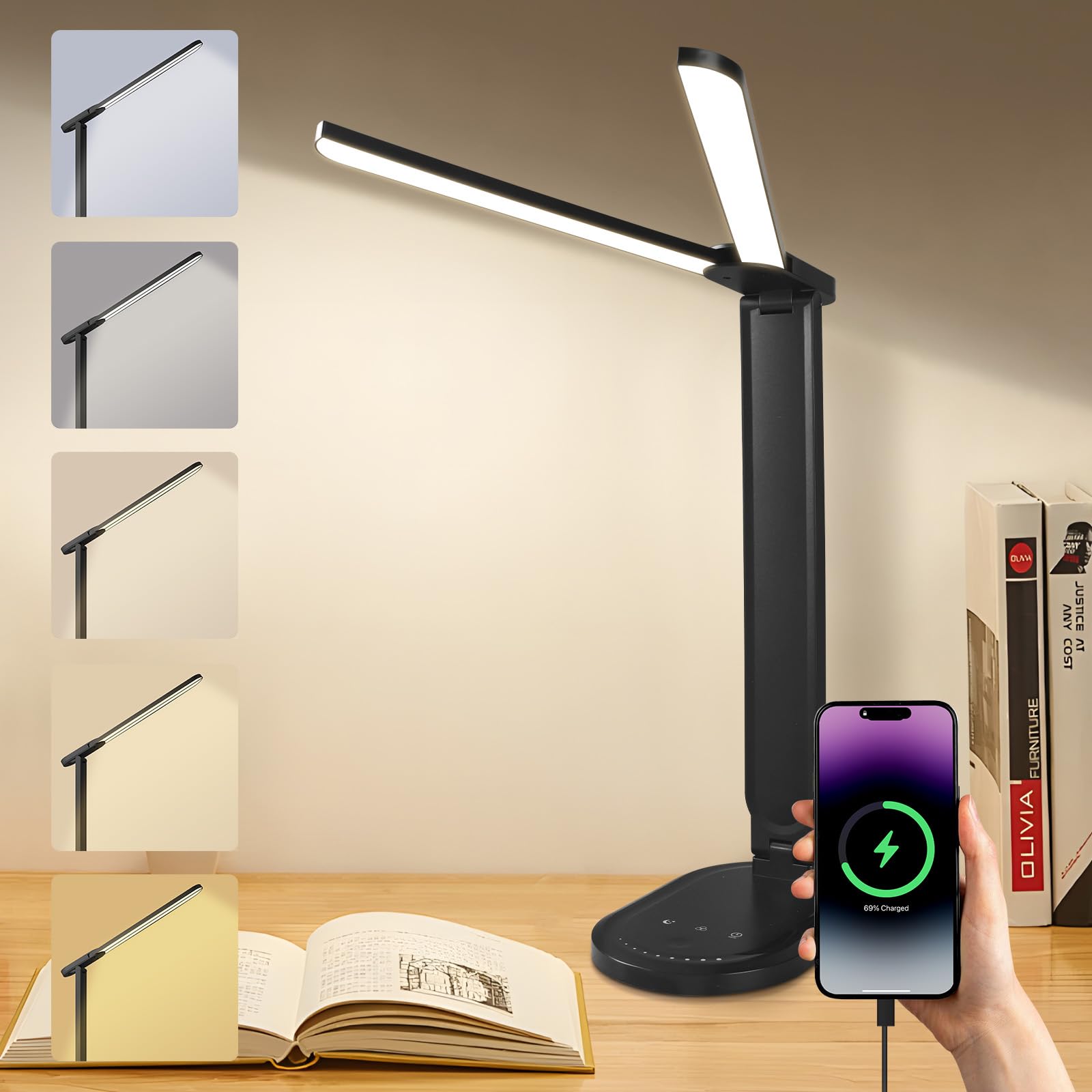 vsshe Desk Lamp, Dimmable LED Table Lamp Reading Light with USB Charging Port, Dual Heads Lamp 5 Modes 9 Brightness Levels, Night Light Timer Memory Function Foldable for Office Bedroom Study Nail Kid