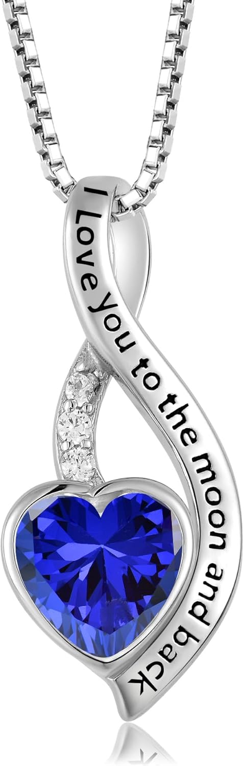 I Love You to The Moon and Back Necklace for Women, 925 Sterling Silver Heart Birthstone Pendant Necklace Jewelry Anniversary Birthday Gifts for Girls Women Wife Mom Daughter