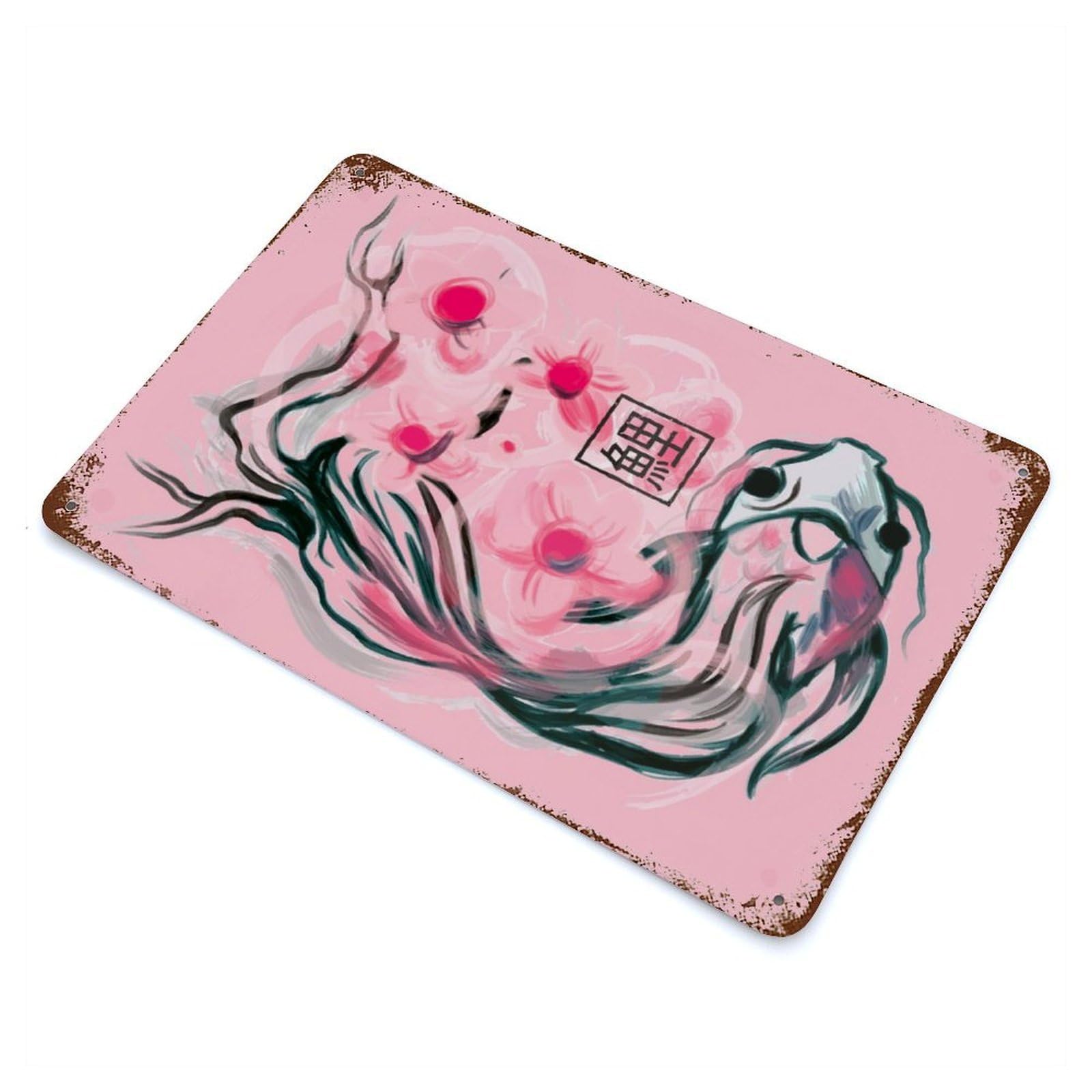 Vintage Rust Metal Sign Koi Fish Sakura Flowers 11.8"x7.9", Shabby Chic Decor for Cafe, Home Bar And Lounge Decor