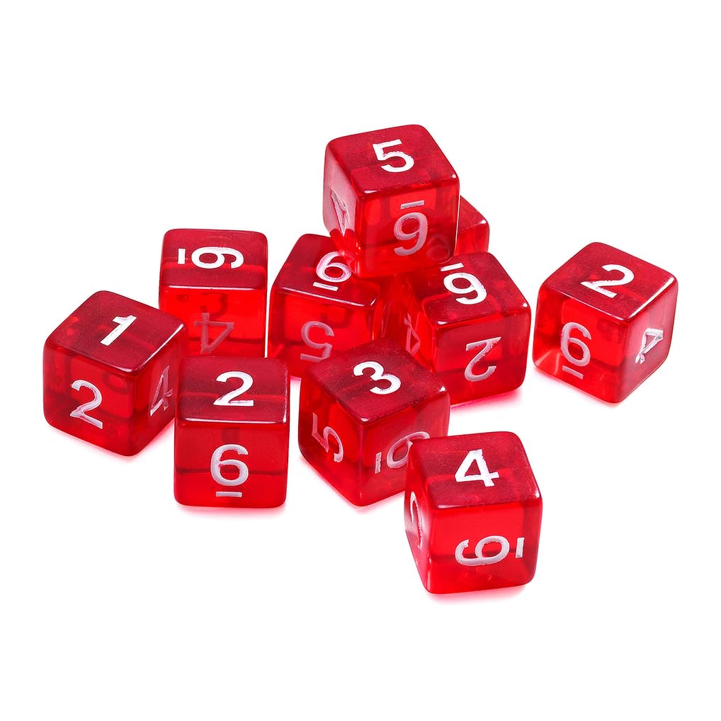 Juego de 10 dados poliédricos D6 de 16 mm de acrílico de 6 caras para juegos de mesa de Dungeons and Dragons RPG MTG DND (rojo transparente)