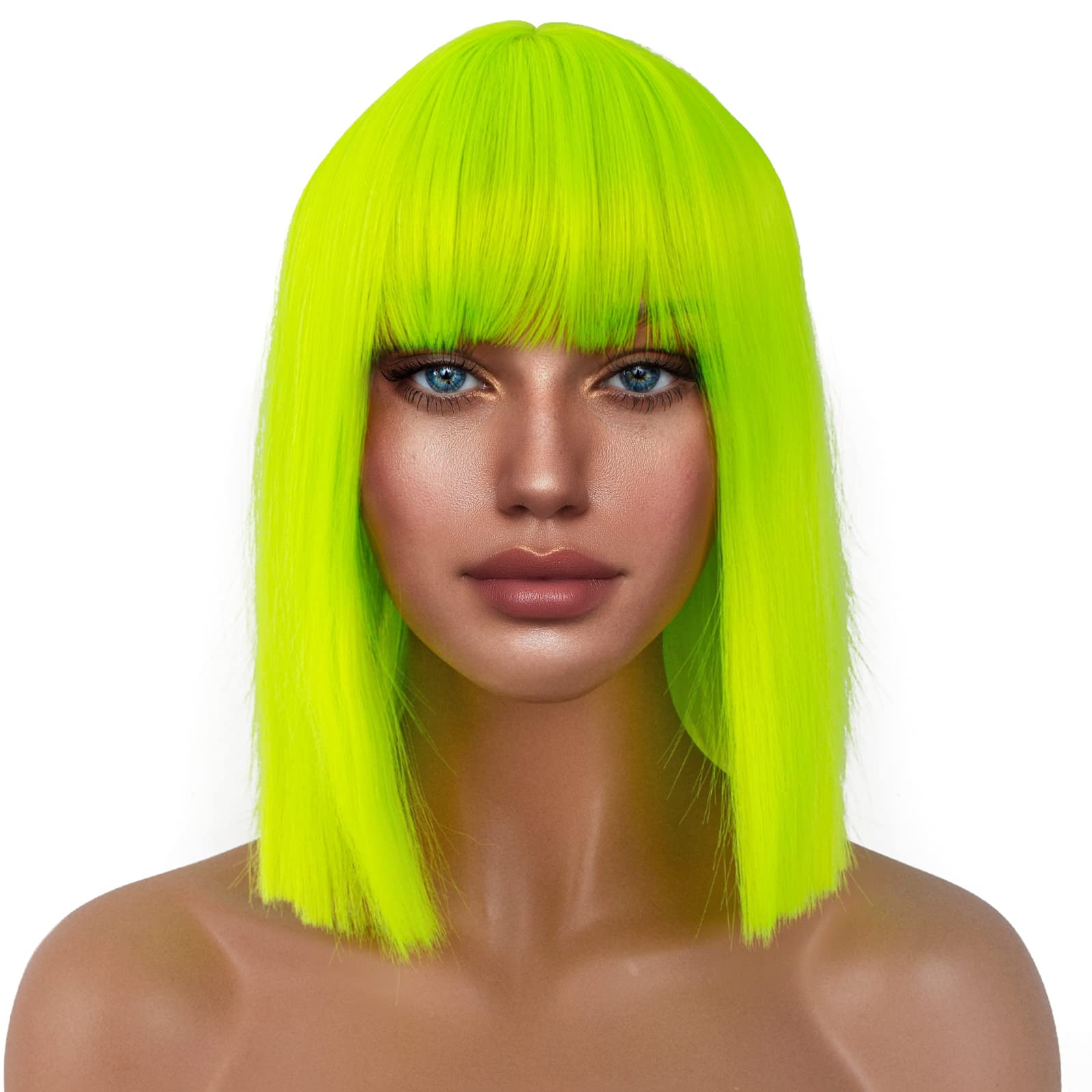 Short Bob Wigs with Bangs for Women Synthetic Straight Hair Bob Cut Wig Shoulder Length Fashion Bob Cosplay Wig for Girl Colorful Costume Wigs (Lemon Green)