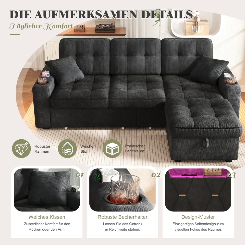 Divano ad angolo multifunzionale con porta USB-C, divano rilassante a 3 posti, con portabicchieri, illuminazione LED, scomparti laterali, 2 cassetti su ruote e pouf per riporre, in chenille (Nero)