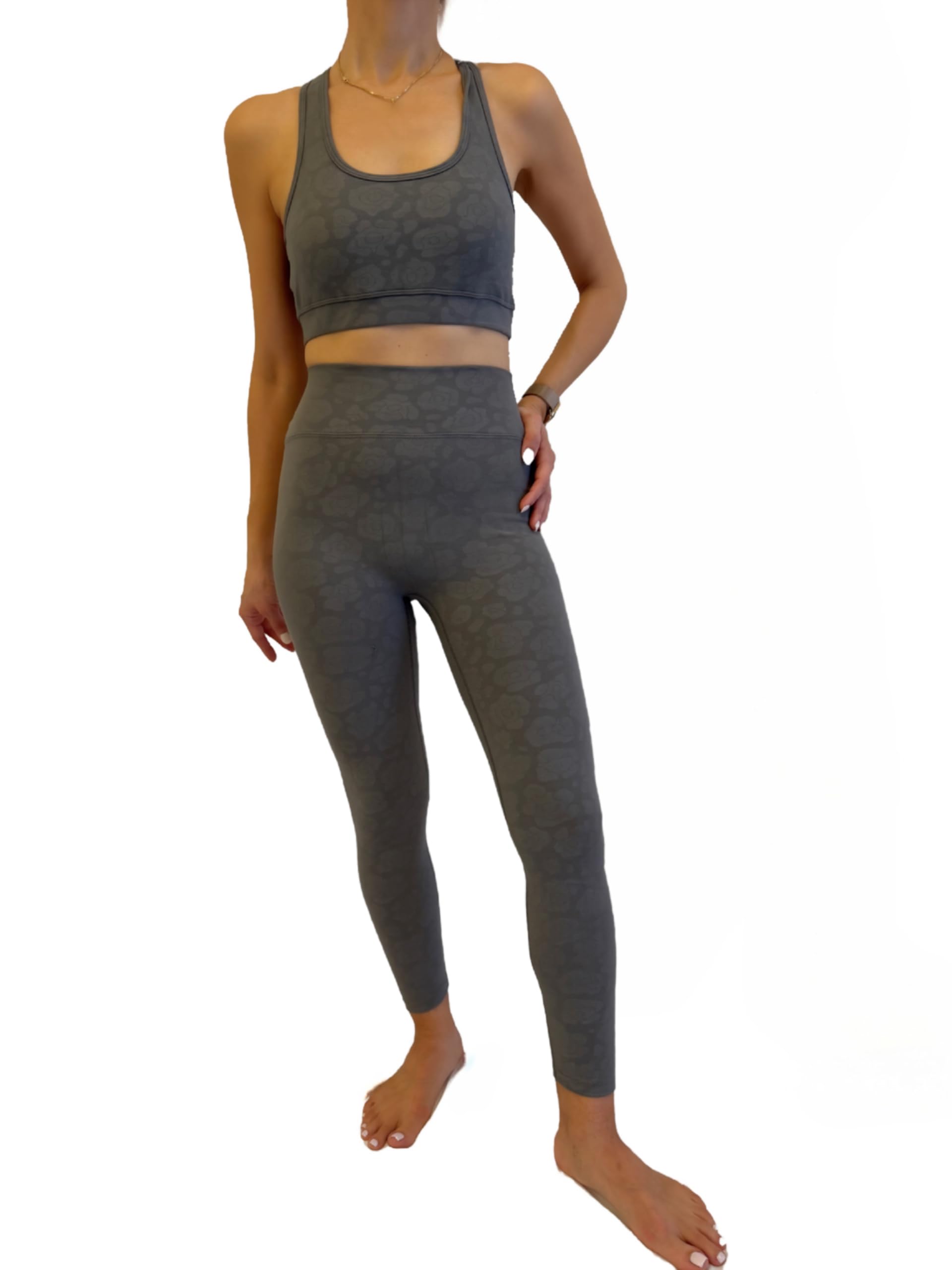 E H Activewear Padded Sport Bra High-Waist Leggings Set 25 Inseam Floral Print Soft Fabric Tummy Control Yoga
